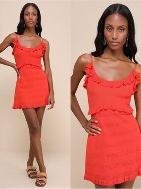 LULU'S Enviable Pick Red Orange Pointelle Knit Ruffled Mini Dress